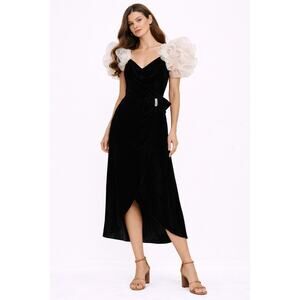 American Vintage 1980s Black Velvet Evening Gown with Sheer Ruffled Straps XS